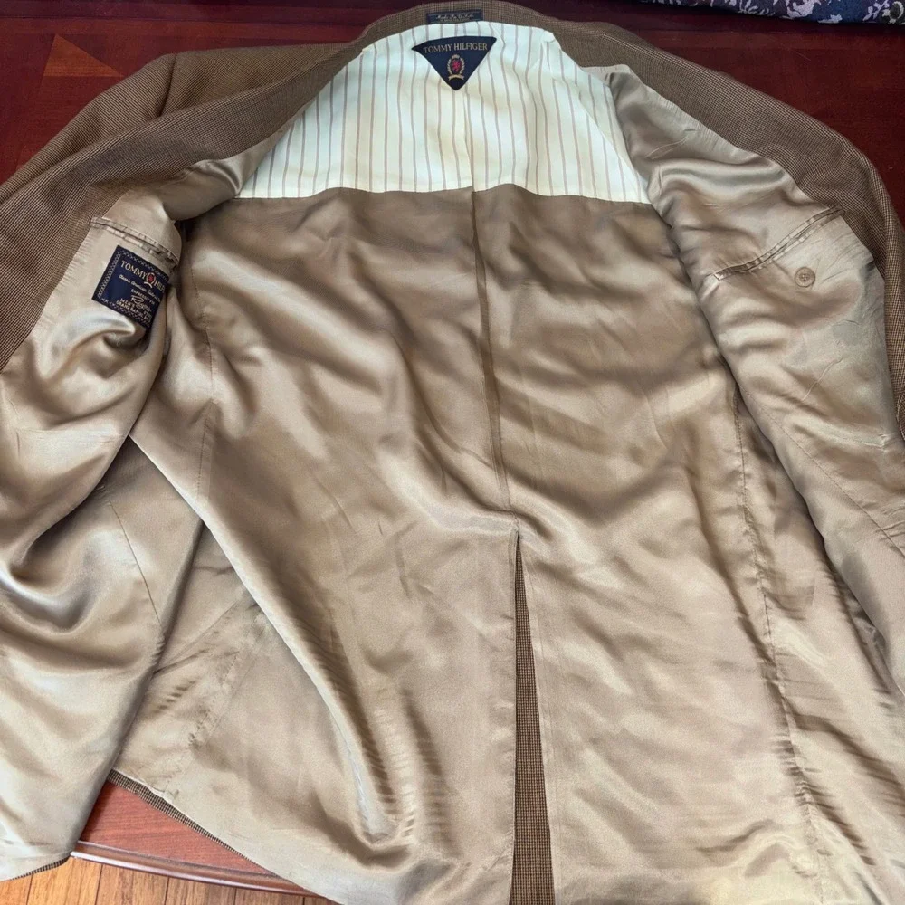 Tommy Hilfiger | Mens 46L | Pure Wool Brown‎ Houndstooth | Made in USA | Vintage